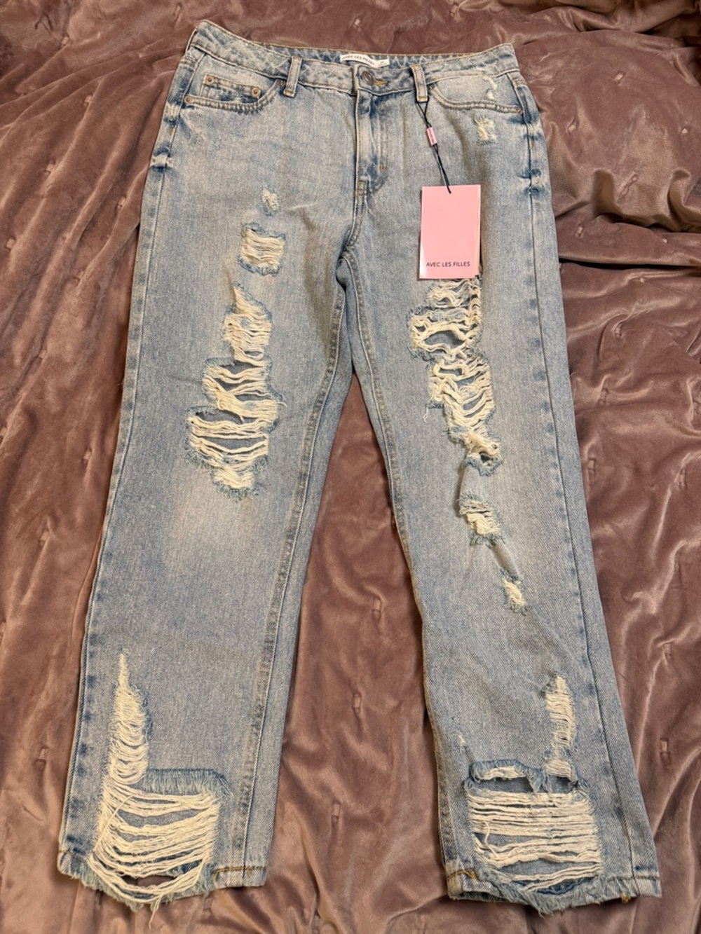 Avec Les Filles Light Blue Distressed Boyfriend Jeans
